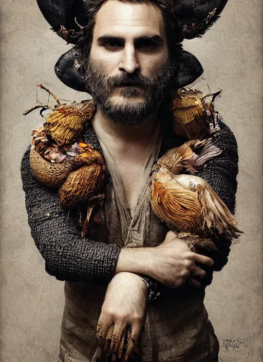 Prompt: a hyper detailed portrait of joaquin phoenix with a crown made of animals, cow horns, pig nose, sheep wool, chicken feather armor, by anna podedworna, by miklos ligeti, by diego maricato, by taran fiddler, by antonino truisi, by chris reddie, by jinsung lim, trending on artstation