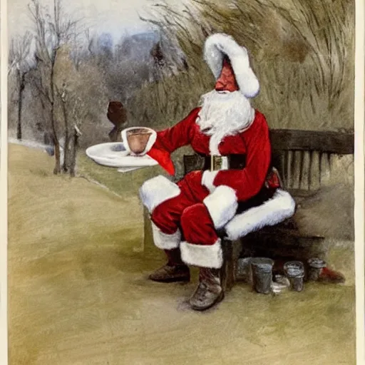 Image similar to a rabbit dressed as santa is eating porridge outside a cottage, in the style of anders zorn