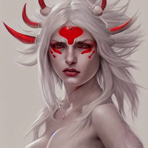 Image similar to ultra realistic illustration, dream humanoid demon girl with white hair, red horns, in white clothes, red eyes, intricate, elegant, highly detailed, digital painting, artstation, concept art, smooth, sharp focus, illustration, art by artgerm and greg rutkowski and alphonse mucha