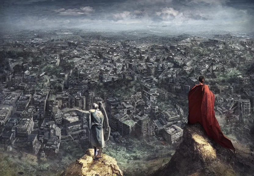 Image similar to “king, looking over his civilization from the top of the hill, digital art, award winning, 4k”