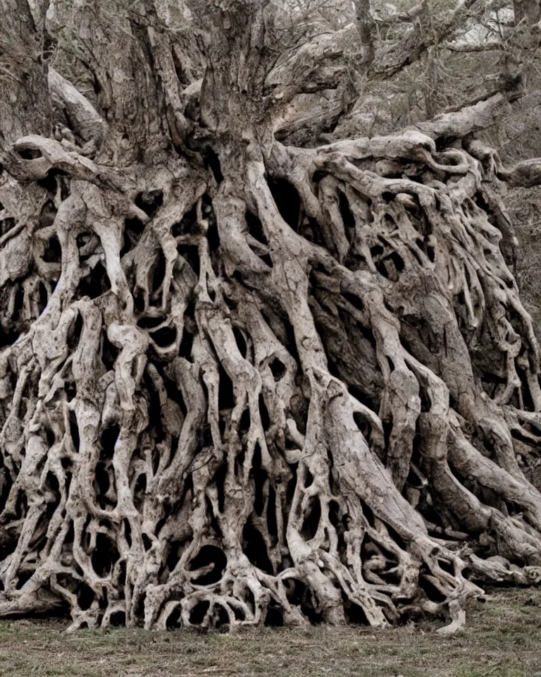 Image similar to A wretched mythical tree made of human flesh, limbs and bones.