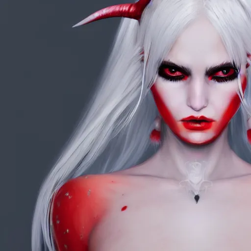 Image similar to a highly detailed portrait of a humanoid demon girl with white hair, red horns, in white clothes, artstation, deviantart, professional, unreal engine 5, photorealistic