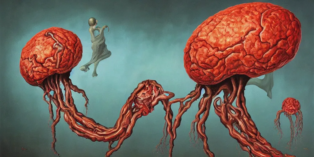 Image similar to surreal painting of giant teratoma tumor in a room