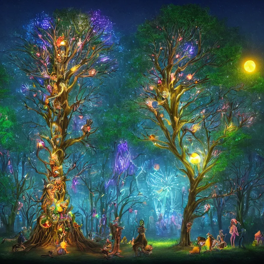 a magical glowing tree with starry dusted light, deep, Stable Diffusion