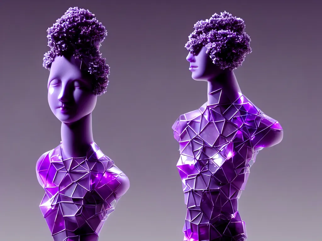 Image similar to beautiful mannequin sculpted out of amethyst by billelis + lit with purple 3 d geometric neon + chrome geometric cubed bonsai plants!!!!, dark grey clouds + neon pink lightning in background, clean linework, dramatic, finely detailed, rule of thirds, moody, confident, award winning, 4 k, trending on artstation, photorealistic, volumetric lighting, octane render