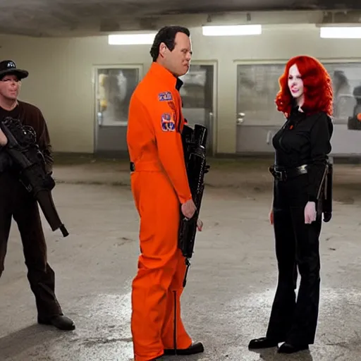 Prompt: vince vaughn as jack fenton, he is wearing an orange coveralls bodysuit with a black neck and a big gun belt, and christina hendricks as maddie fenton, she is wearing a tight teal coveralls bodysuit with a black neck and a big gun belt, movie photo, spooky netflix still shot, they are looking for ghosts