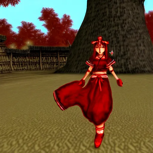 Prompt: reimu hakurei in morrowind, retro pc graphics, video game screenshot, retro 3 d, pc game, elder scrolls, morrowind, touhou project