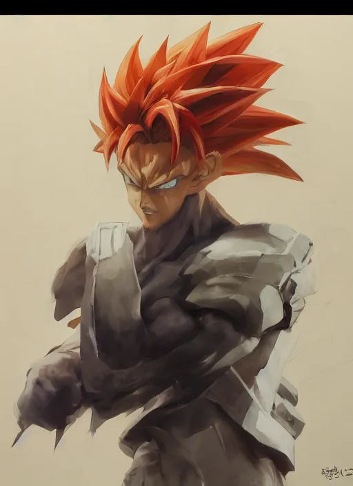 Image similar to semi reallistic gouache gesture painting, by yoshitaka amano, by ruan jia, by Conrad roset, by dofus online artists, detailed anime 3d render of goku super sayian3 , goku, portrait, cgsociety, artstation, rococo mechanical, Digital reality, sf5 ink style, dieselpunk atmosphere, gesture drawn