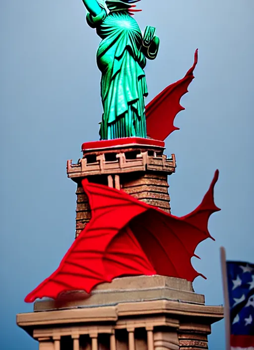 Image similar to woman dressed like lady liberty sitting on a red dragon