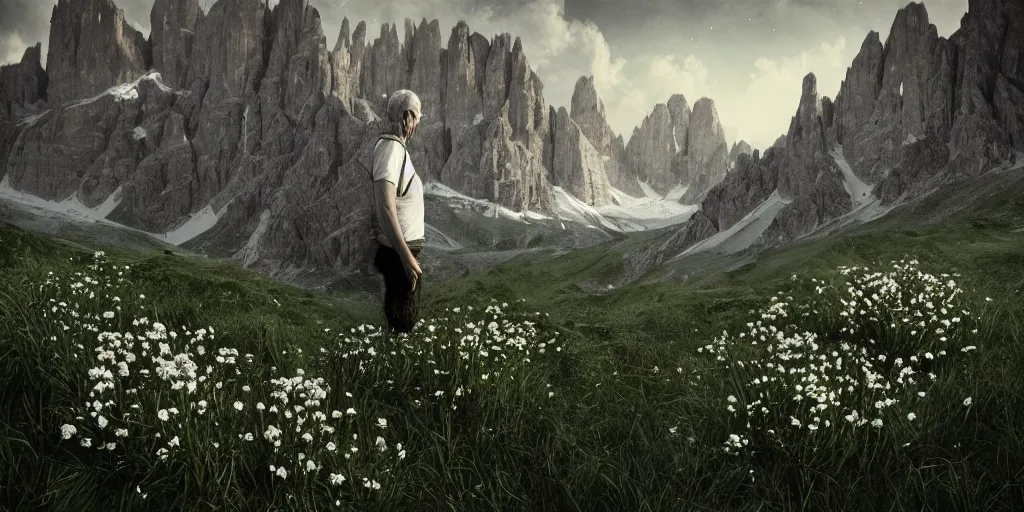 Image similar to old famer being overgrown by edelweiss, dolomites in background, dark, eerie, despair, portrait photography, artstation, digital art, adward winning, concept art, artstation, highly detailed, sharp focus, by caravaggio