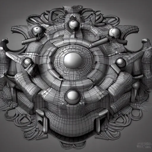 Image similar to new invention, mystical device, very complicated, 3 d digital art, high details