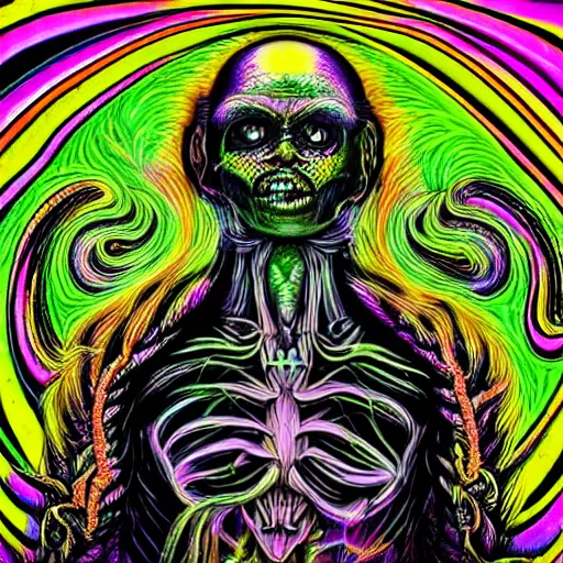 Prompt: a psychedelic godlike humanoid, hyper detailed, in the style of h. r. giger and junji ito and bob ross and lisa frank, selfie