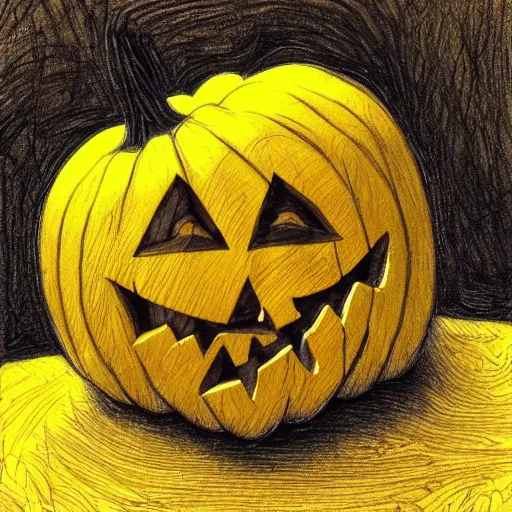 Prompt: effusively happy pumpkin entity, wrinkly face, dewlap, tonalist, figurative art, romanticist, bucolic, art nouveau, sharp details, depth of field, crosshatching, chiaroscuro, yellow ochre, dioaxizine purple, and olive green tones