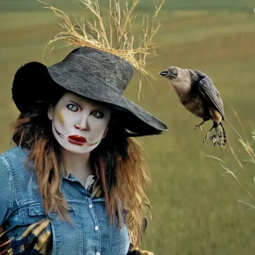 Image similar to female scarecrow with a crow, movie still