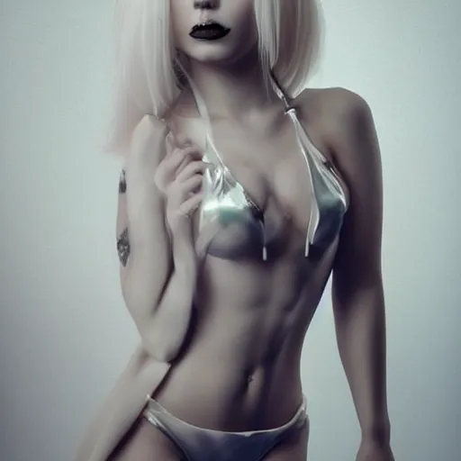 Prompt: modeling photograph kerli koiv in latex bikini, blonde, beautiful, dark, mysterious, bubble goth makup, detailed symmetrical face, dramatic darkroom lighting high exposure