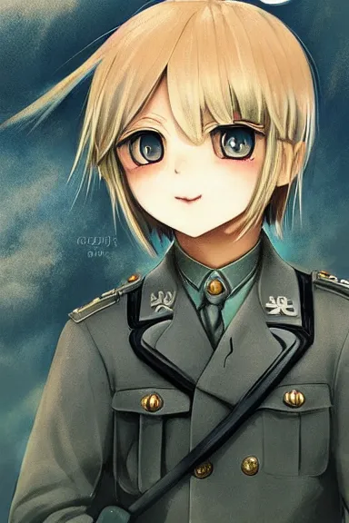 Image similar to beautiful little blonde boy in nazi male uniform. made in abyss art style, cute detailed artwork, anatomically correct, soft details, ilya kuvshinov, reflection, perfect composition, wallpaper mobile, illumination, digital art, detailed anime soft face, symmetrical face, western comic, illustration, realistic, nazism, lois van baarle