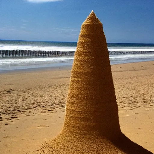 Image similar to a tower of sand on the beach that's taller than the people around it