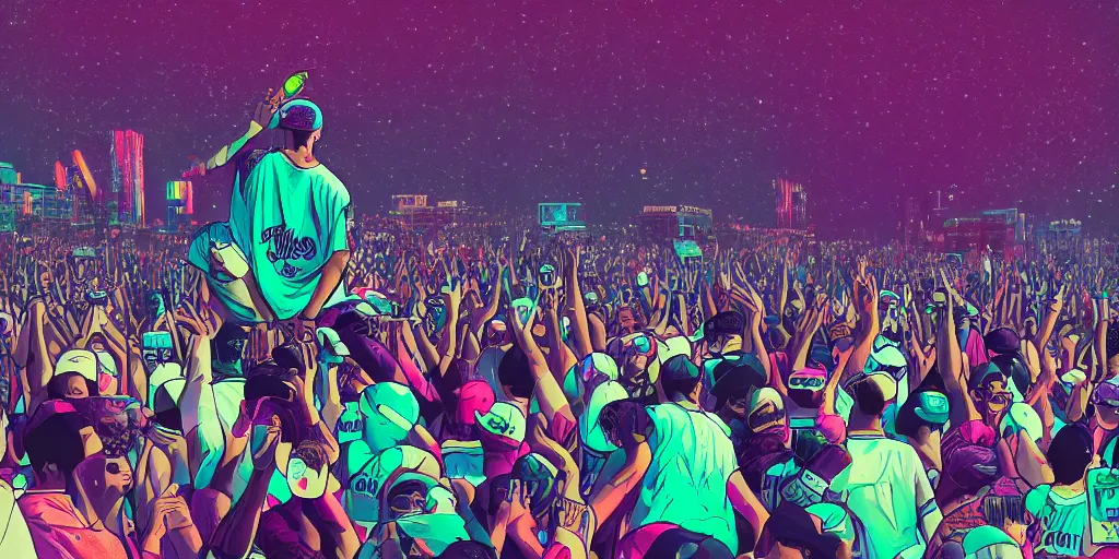 Image similar to rapper leaning over huge crowd reaching up to him, digital art, vapor wave, hip hop, colorful, trending on Artstation, professional artist, detailed, 4k