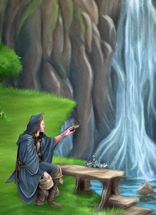 Prompt: wizard sitting next to waterfall in the mountains, trending on deviantart, lord of the rings, detailed