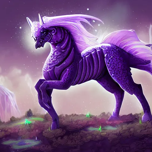 Image similar to violet fantasy crocodile horse hybrid, graveyard background, hearthstone coloring style, epic fantasy style art, fantasy epic digital art