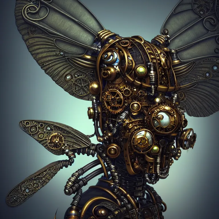 Prompt: steampunk cybernetic biomechanical bee with wings, 3 d model, unreal engine realistic render, 8 k, micro detail, intricate, elegant, highly detailed, centered, digital painting, artstation, smooth, sharp focus, illustration, artgerm, tomasz alen kopera, wlop