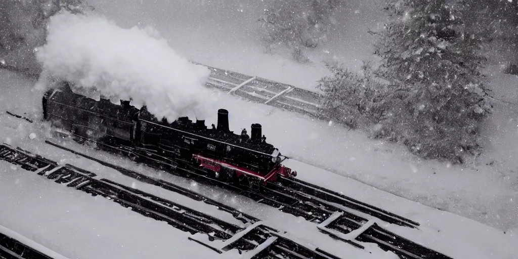 Prompt: a high detail photograph of a heavy steam train in the snow under a blizzard, realism, 4 k, award winning photograph, octane render, award winning photograph