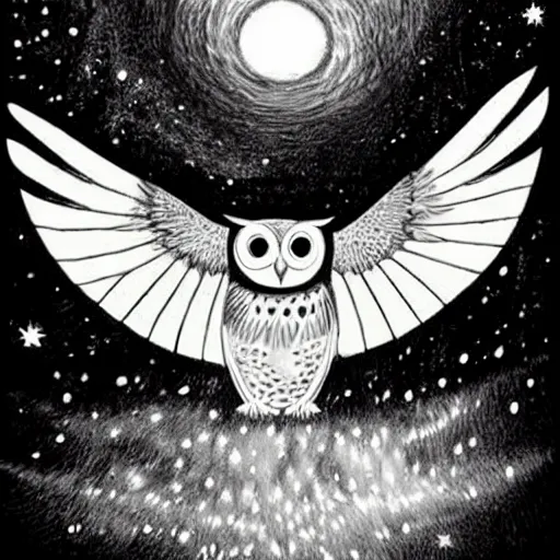 Prompt: \'after life is over it is all over. the universe might not as well not exist after it all ends because you will no longer exist because you will be non-existent for eternity!\', a drawing of an owl, very interesting.