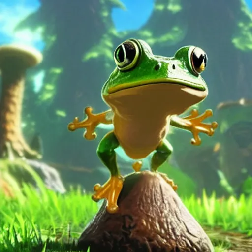 Prompt: a warrior frog atop a mushroom in breath of the wild