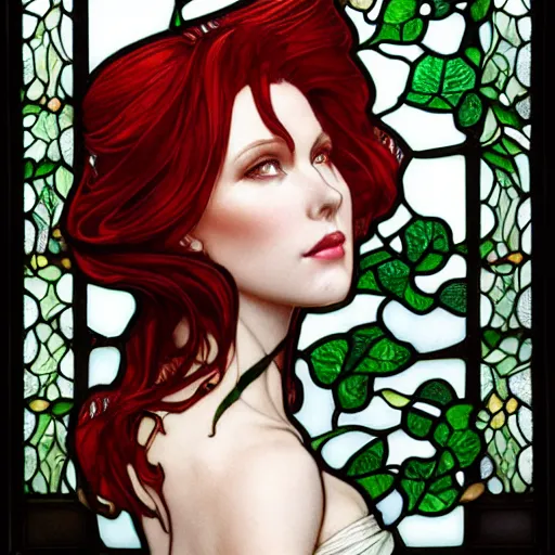 Prompt: a stunningly detailed stained glass window of a beautiful poison ivy with white skin wearing a business suit, dark eyeliner, intricate, elegant, highly detailed, digital painting, artstation, concept art, sharp focus, illustration, art by greg rutkowski and alphonse mucha