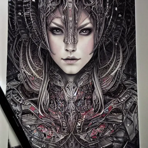 Image similar to hyper realistic pencil drawing of a eldritch queen, intricate detail, beautiful, battle armor, war, fight, light, dragon, colorful by anna dittmann-C 6