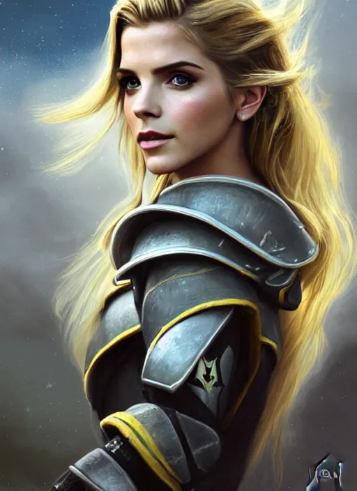 Prompt: portrait of a combination of Ashley Greene, Katheryn Winnick, Victoria Justice and Adriana Dxim, Grace Kelly, Emma Watson and Lily Collins with blonde hair wearing Terran Armor from StarCraft, countryside, calm, fantasy character portrait, dynamic pose, above view, sunny day, thunder clouds in the sky, artwork by Jeremy Lipkin and Giuseppe Dangelico Pino and Michael Garmash and Rob Rey and Greg Manchess and Huang Guangjian, very coherent asymmetrical artwork, sharp edges, perfect face, simple form, 100mm