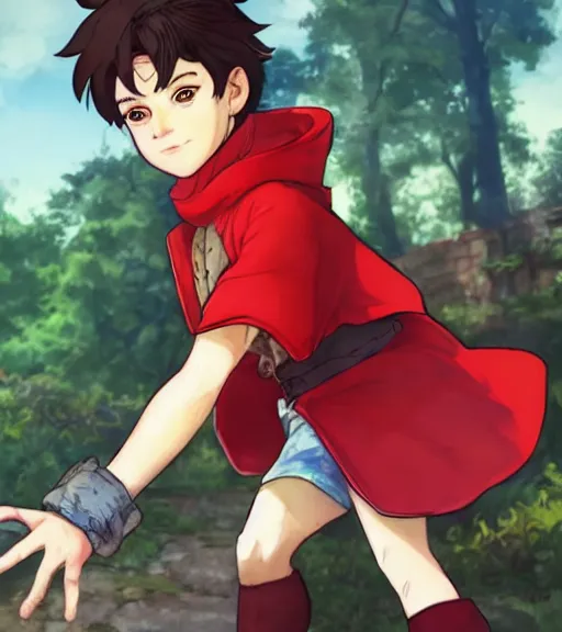 Prompt: attractive little boy character inspired in little red riding hood and narancia from jojo, digital artwork made by akihiko yoshida and makoto shinkai