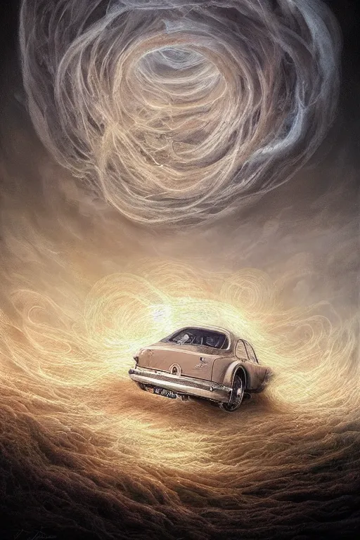 Prompt: Intricate stunning highly detailed white Fiat 600 from the 60s built in Argentina, digital painting by agostino arrivabene and Vladimir Kush, surreal, ultra realistic, Horror vacui, dramatic lighting, full moon, thick black swirling smoke tornado, burning fire embers, artstation