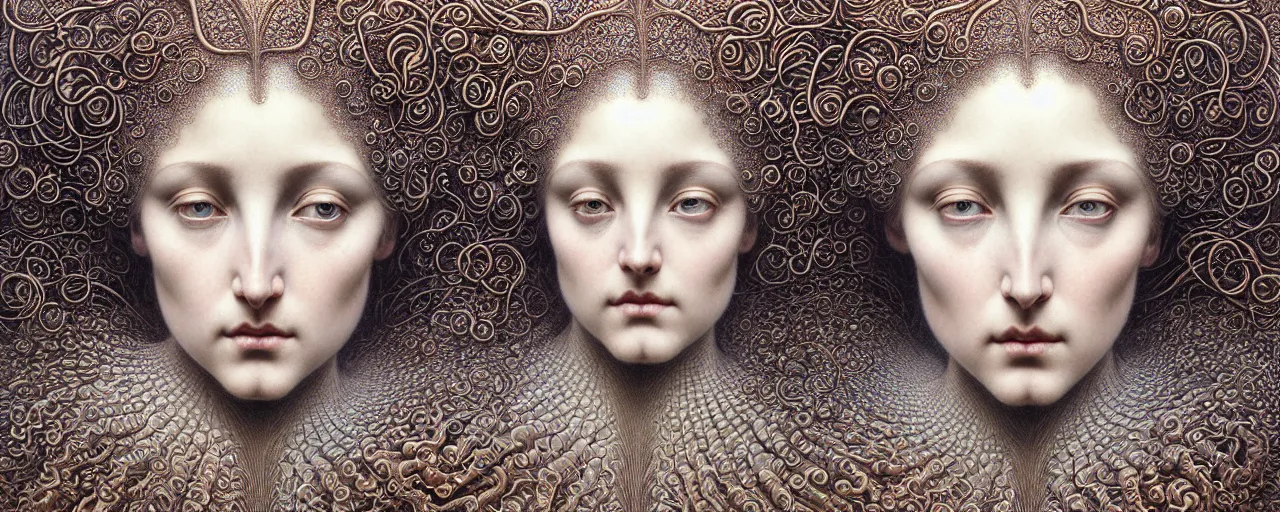 Image similar to hyperrealistic stunning goddess face portrait by jean delville, gustave dore, iris van herpen and marco mazzoni, art forms of nature by ernst haeckel, art nouveau, symbolist, masterpiece, visionary, gothic, neo - gothic, pre - raphaelite, fractal lace, intricate alien botanicals, ai biodiversity, surreality, hyperdetailed ultrasharp octane render