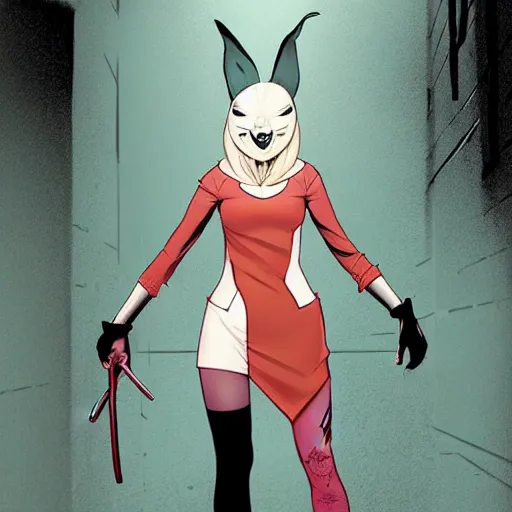 Image similar to style of Jaime McKelvie and Joshua Middleton comic book art, cinematic lighting, realistic, bunny mask female villain holding a bloody knife, The Purge, standing in an alleyway, full body sarcastic pose, knee high socks, symmetrical body, realistic body, night, horror