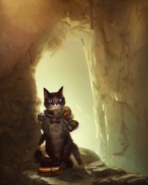 Image similar to oil painting of anthropomorphized tricolor cat, detective clothes, close shot, full body, dark steampunk mine shaft background, sharp focus, fantasy style, octane render, volumetric lighting, 8k high definition, by greg rutkowski, highly detailed, trending on art Station, dungeons and dragons artwork, centered