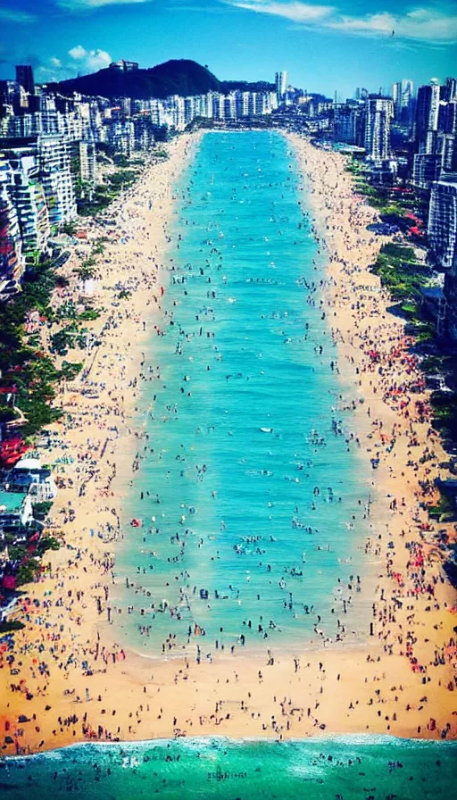Image similar to instagram photo of a sunny day on copacabana beach looking at the ocean, hyper detailed, realistic
