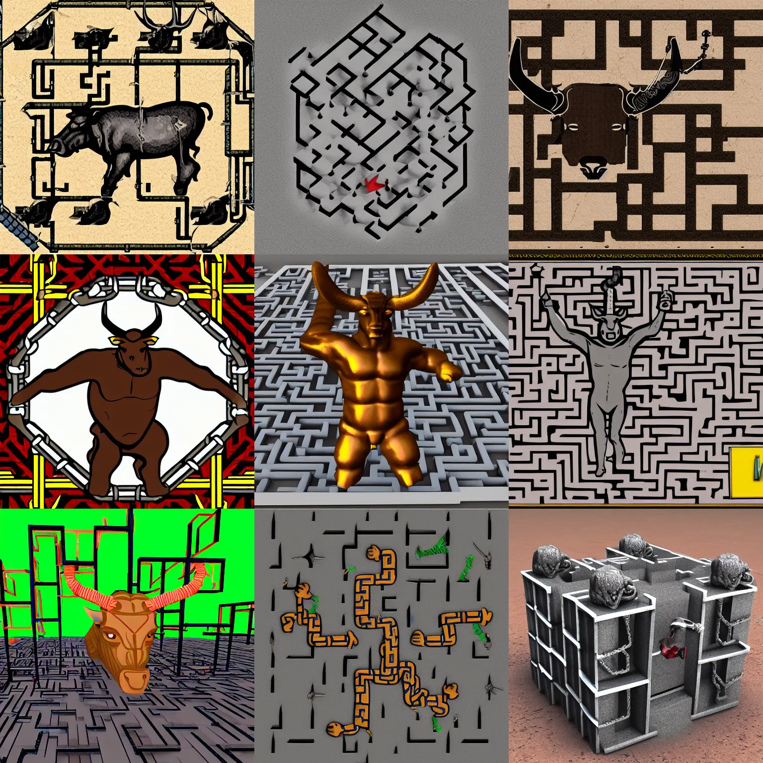 Prompt: minotaur with a chainlink maze