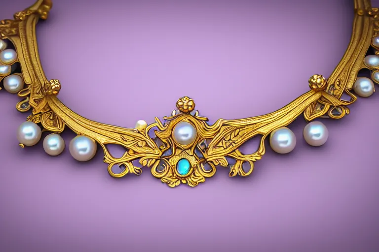 Image similar to historical, art nouveau, ornate, delicate, pearls and cyan gemstone choker, glowing inside, shiny gold, octane render, realistic, dramatic light, 3 d, photograph 4 k,