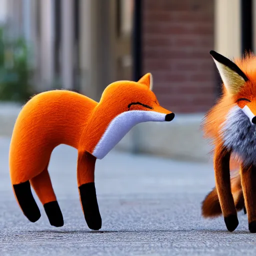 Image similar to Two fox! plushies playfully wrestling on the sidewalk, dynamic, motion blur, 1/4 shutter speed, award winning photography