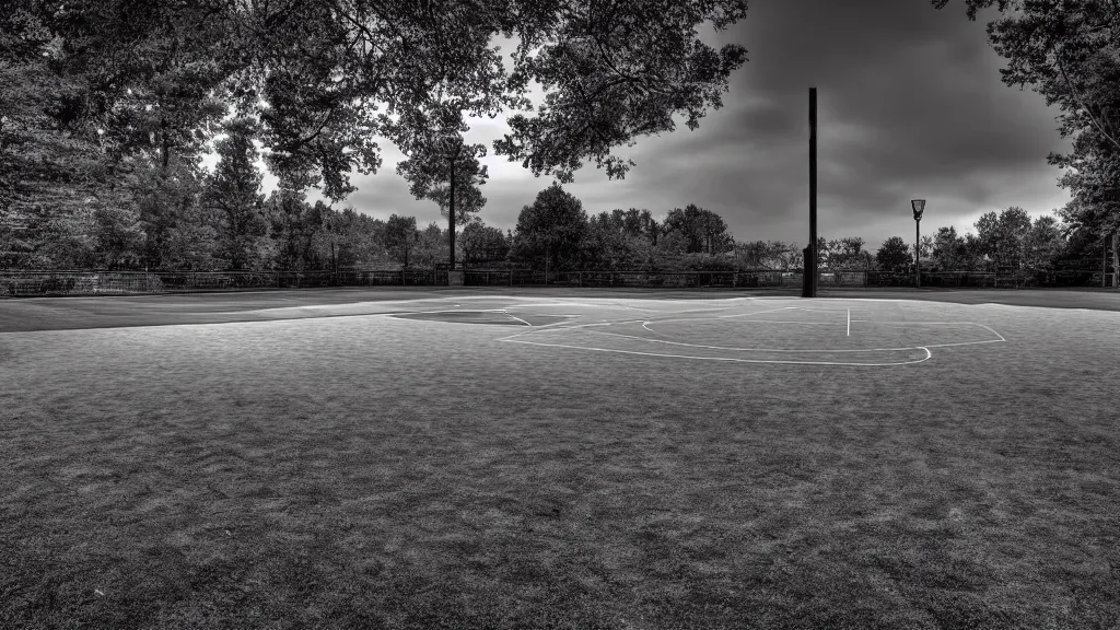 Image similar to a photograph of an empty basketball court in a scenic location, in the styles of cameron look, andrew bernstein, and ansel adams. intricate, hyperrealistic, monochrome hdr, accurate court