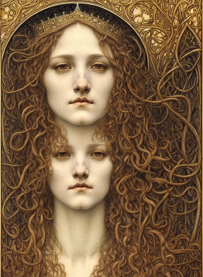 Image similar to detailed realistic beautiful young medieval queen face portrait by jean delville, gustave dore and marco mazzoni, art nouveau, symbolist, visionary, gothic, pre - raphaelite. horizontal symmetry