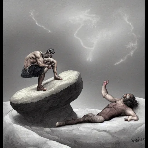 Prompt: Sisyphus taking a break, fantasy art