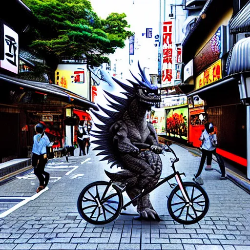 Image similar to a digital painting of a real dragon is riding a bike in the streets of Tokyo