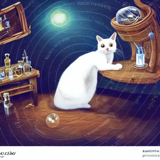 Image similar to a full body beautifull witch with white hair in an old room a cristal ball on wood table. with a potions and old instruments. on the floor a white cat licking his paw. in a fantasy style paiting