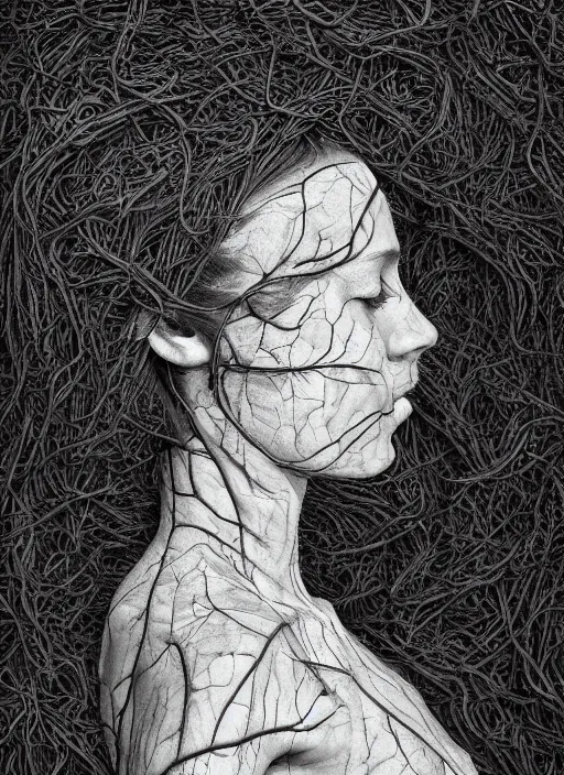 Image similar to a woman's face in profile, made of vines skeleton, in the style of the Dutch masters and Gregory Crewdson, dark and moody