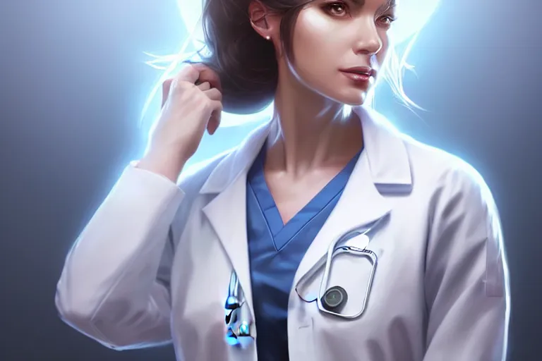 Prompt: a elegant and beautiful female doctor in a white coat in a clinic, cinematic, highly detailed, digital painting, artstation, concept art, matte, sharp focus, illustration, art by artgerm and greg rutkowski