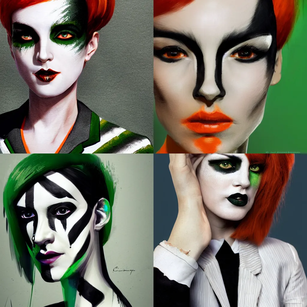 Prompt: portrait of a woman with green black and white face paint and short orange hair wearing a black and white striped blazer, concept art by Cédric Peyravernay