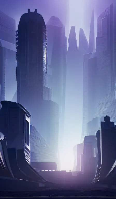 Image similar to futuristic urban island city at dusk. the imposing silhouette of a shadowy space cop. cgartist. leading lines. volumetric lighting. god rays.