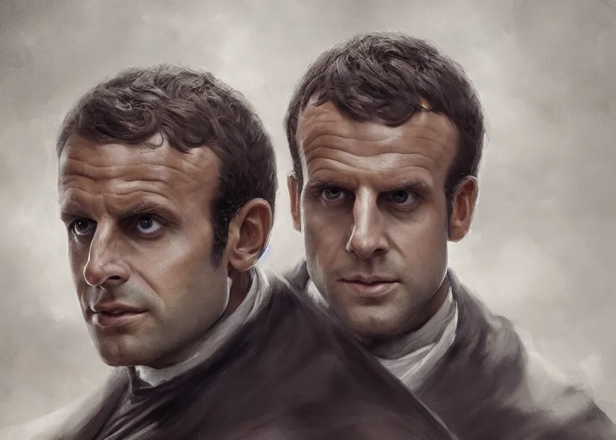 Image similar to painting portrait of Emmanuel Macron dressed as Vitiate in Star Wars, sharp focus, waist up, trending on ArtStation, masterpiece, by Greg Rutkowski, by Ross Tran, by Fenghua Zhong, octane, clear eyes, soft render, clear facial features, oil on canvas, moody lighting, cinematic, professional environment concept art